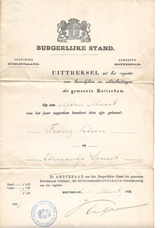 Huwelijksakte-uittreksel FranzKlein-Adriaantje Spruit 1903