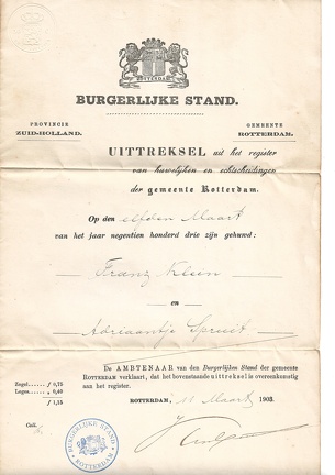 Huwelijksakte-uittreksel FranzKlein-Adriaantje Spruit 1903